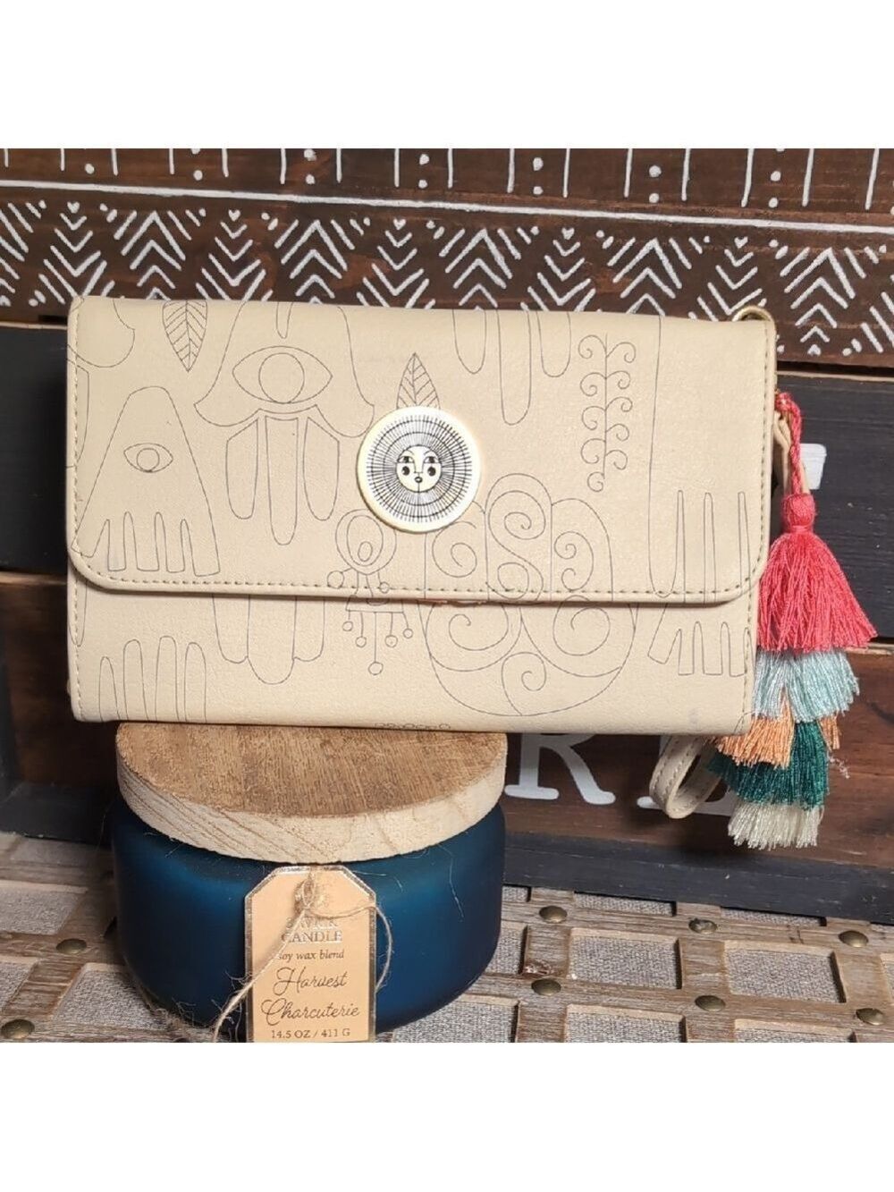 Hamsa Hand Artistic Beige Clutch with Tassels By Jungalow